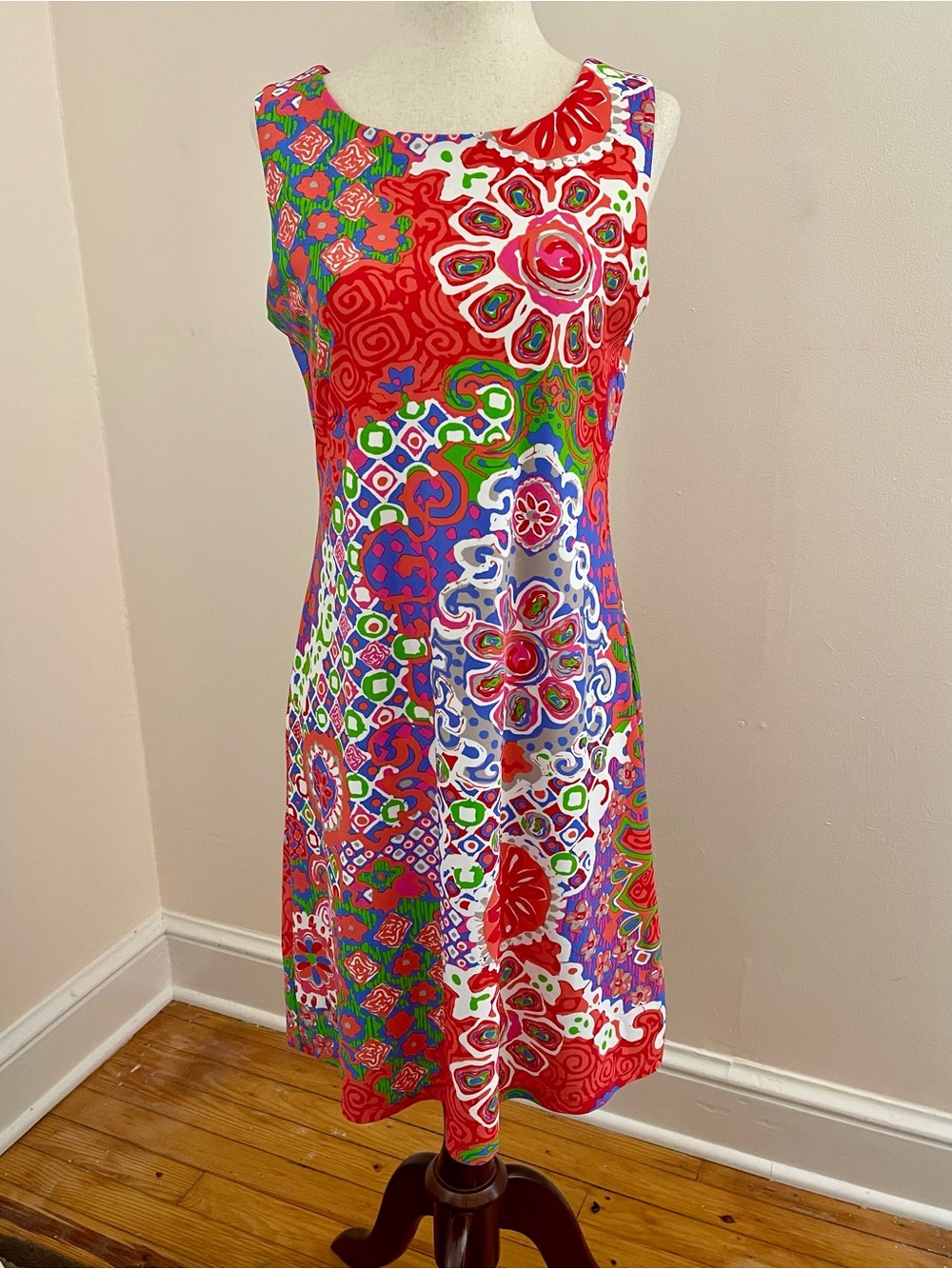 Jude Connally Beth Shift Dress Small Colorful Print Sleeveless Made USA